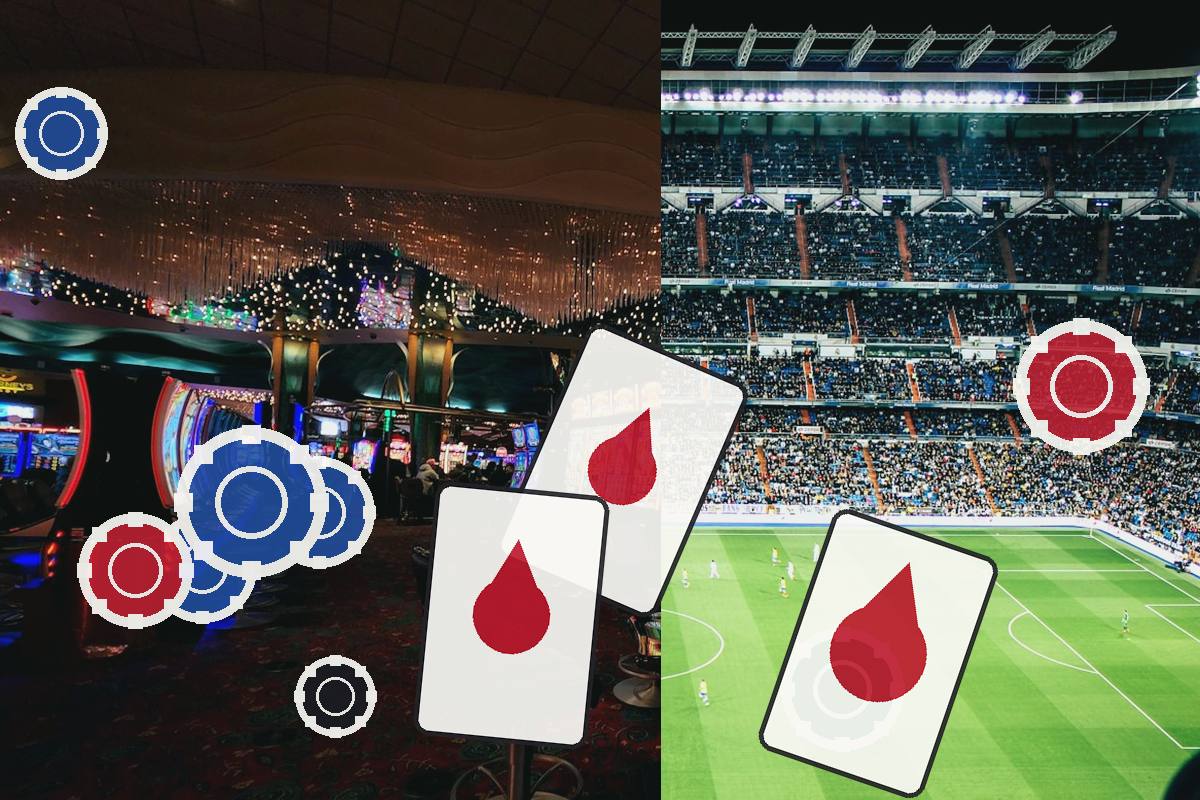 Left side shows a bustling casino floor with colorful poker chips, while the right side depicts a full soccer stadium with playing cards displaying red blood-drop symbols, suggesting a blood donation theme.