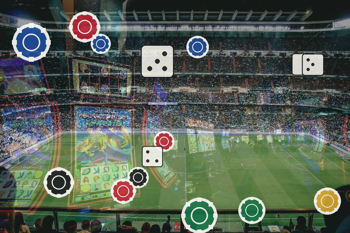 Collage of casino chips and dice over a crowded sports stadium, suggesting gambling and sport mix