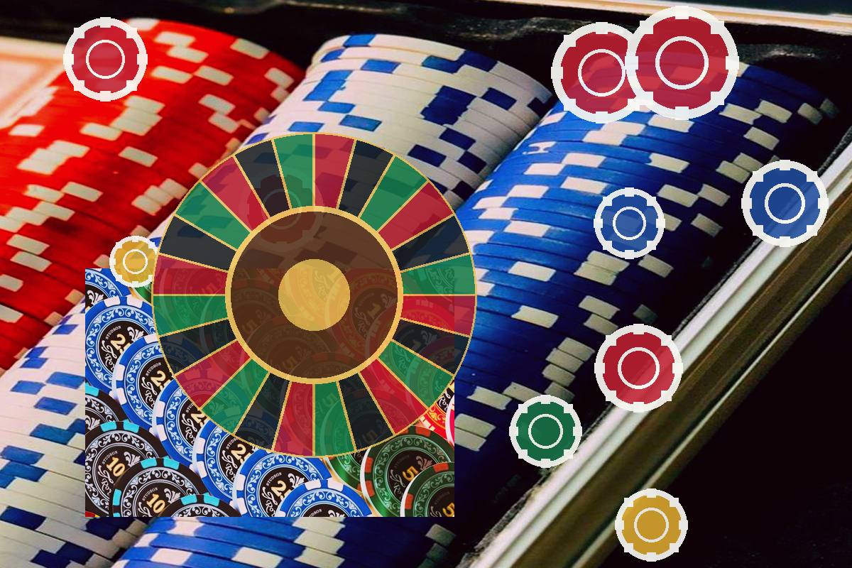 Casino gambling scene with colorful poker chips, a roulette wheel graphic, and stacked cards in the background