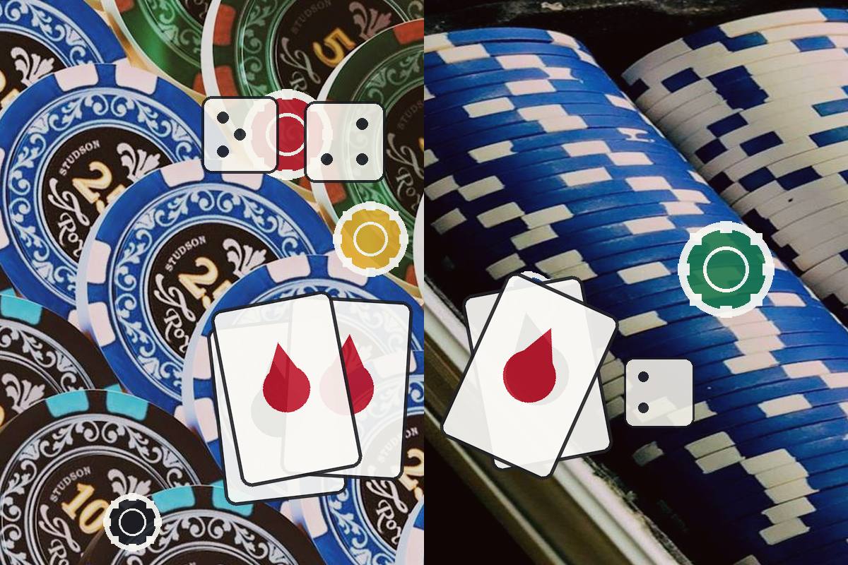 Gambling-themed collage with poker cards showing red drops, blue casino chips, dice, and gear icons, signaling luck and risk.