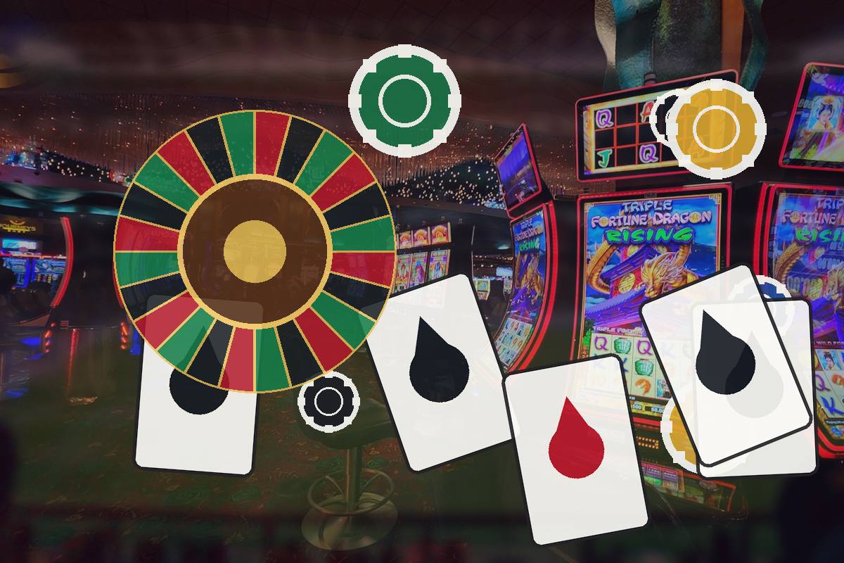 Roulette wheel and playing cards over a neon casino backdrop, suggesting gambling.