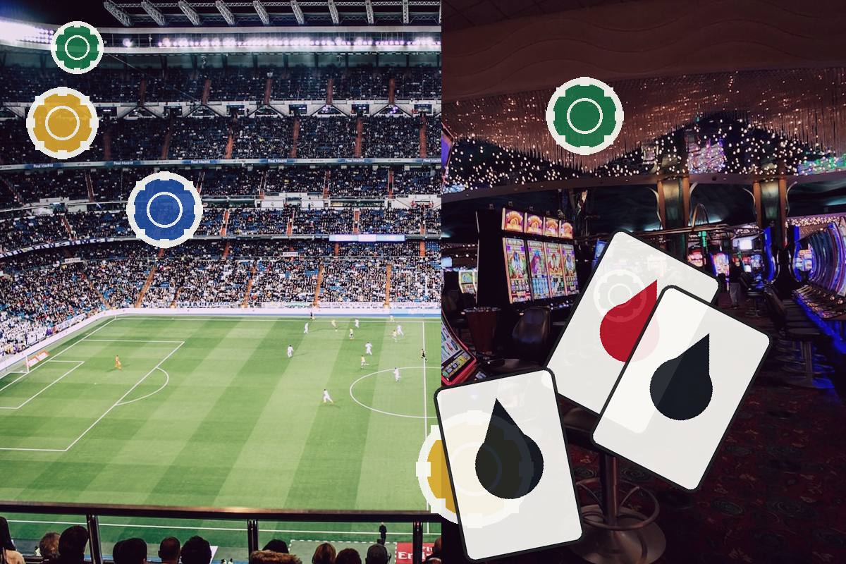 Collage: a soccer stadium and a casino gaming floor with poker cards and colorful chips overlaying both scenes