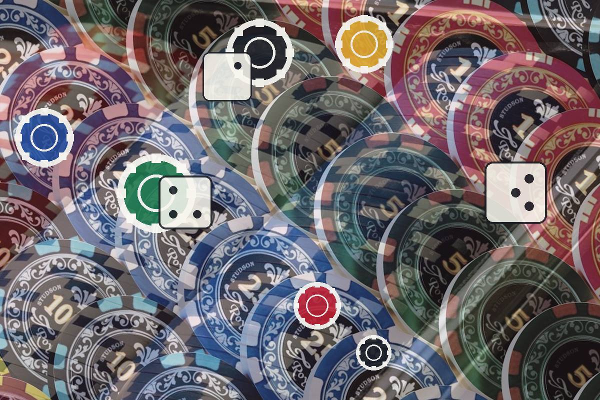 Coloрful poker chips background with overlaid dice icons representing casino gambling concepts.