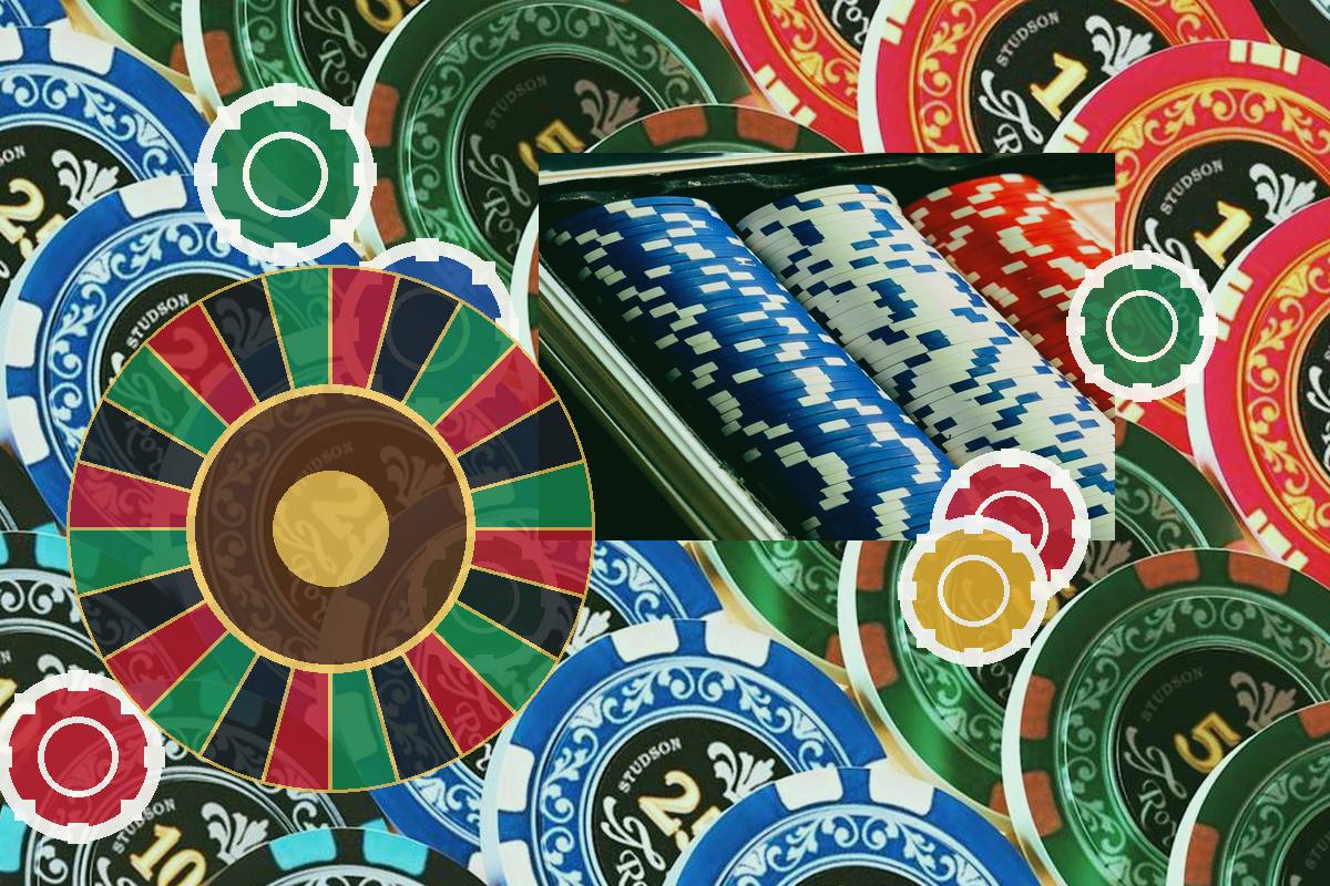 Colorful casino scene with a large roulette wheel and stacks of blue and white poker chips.
