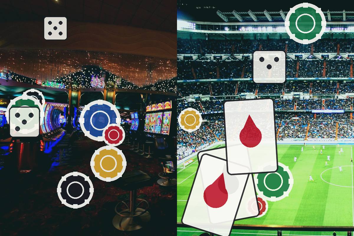 Split collage: left shows a casino interior with gaming machines and dice icons overlay; right shows a soccer stadium with playing cards and chips overlay.
