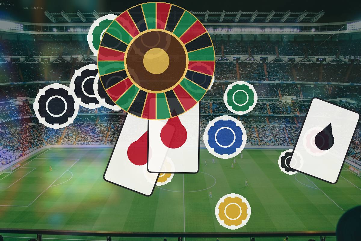 Colorful roulette wheel, playing cards, and poker chips over a crowded soccer stadium, conveying betting on football